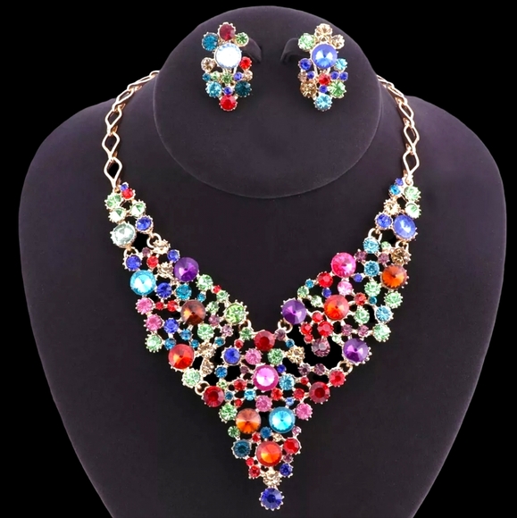 18K gold plated multi color rainbow crystal Necklace earrings set - Picture 15 of 15